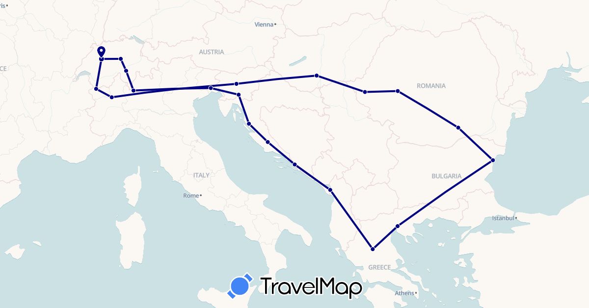 TravelMap itinerary: driving in Albania, Bulgaria, Switzerland, Greece, Croatia, Hungary, Italy, Romania, Slovenia (Europe)